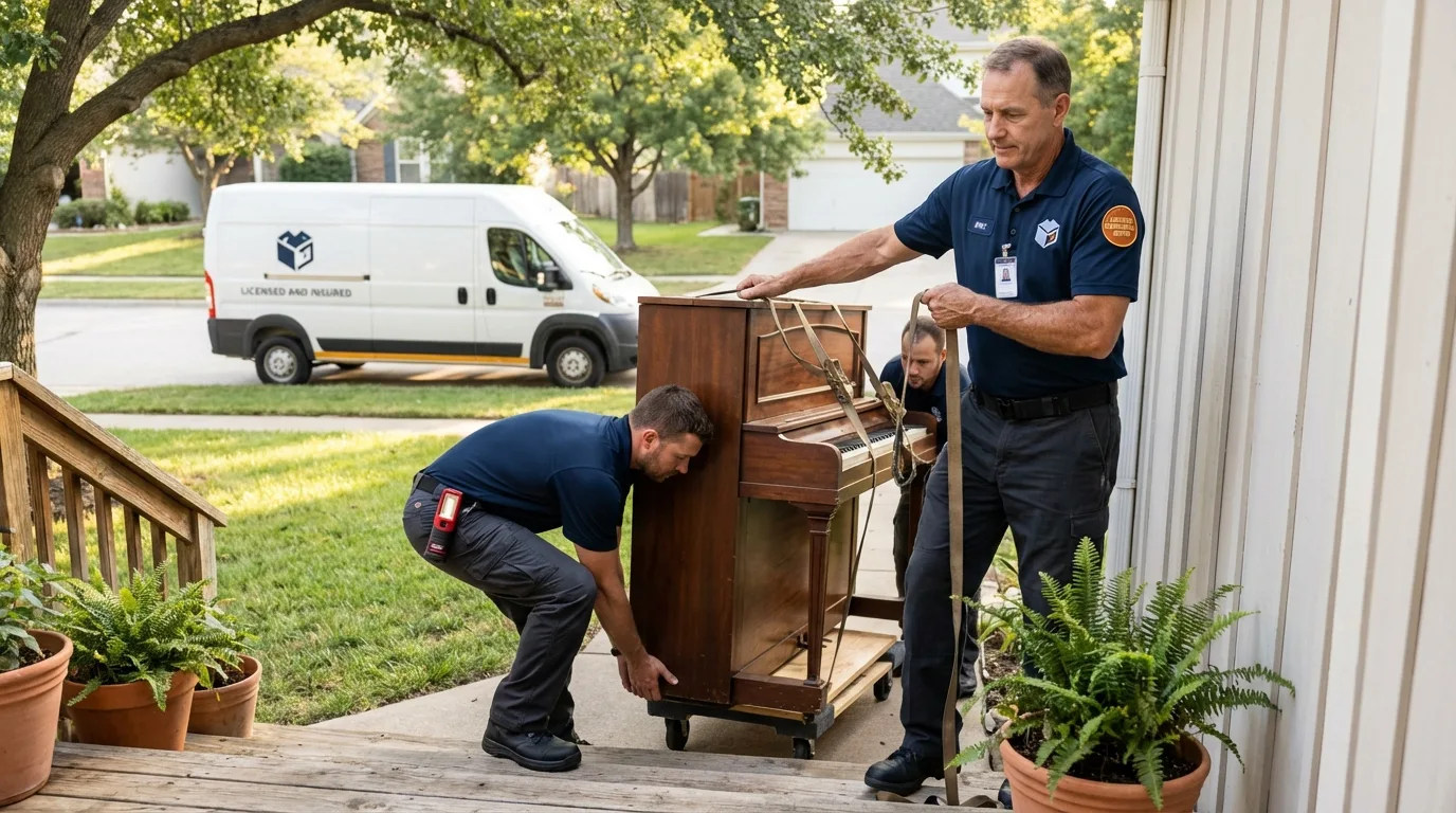 Licensed piano movers securing grand piano in Allegan, MI
