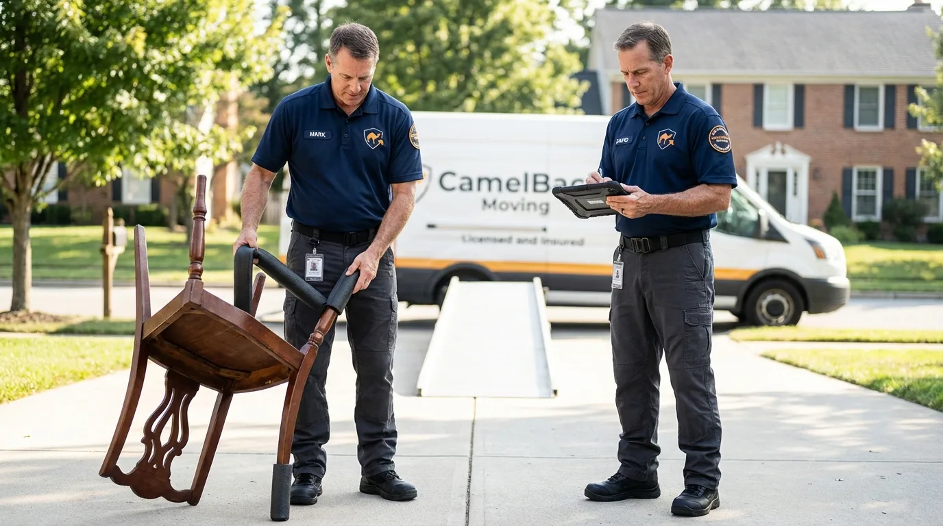 Movers inspecting furniture for damage prevention before loading in Allegan, MI