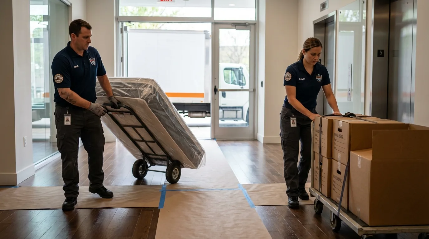 Professional apartment movers loading elevator in Allegan, MI